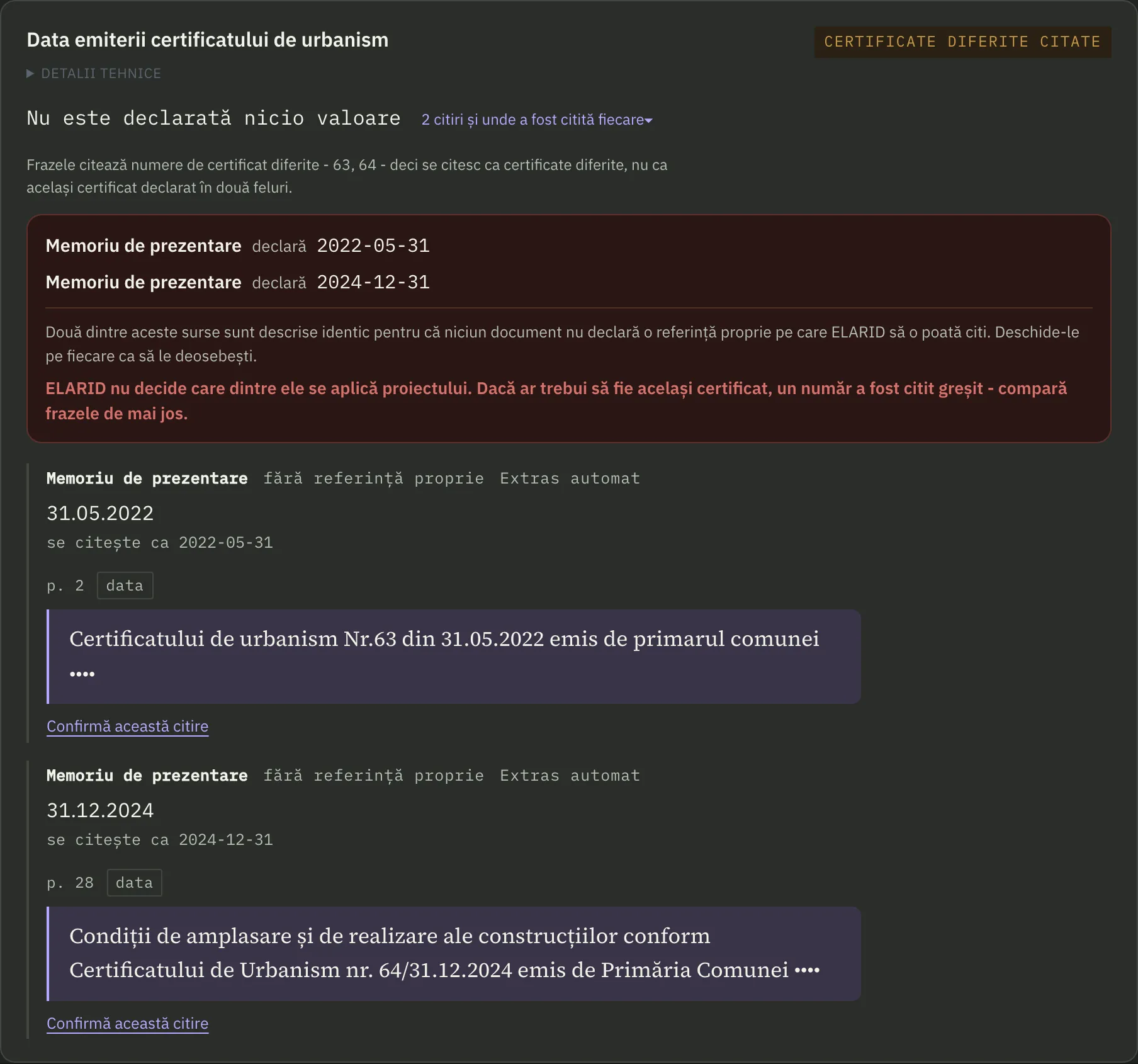 Ecran din produs: Data emiterii certificatului de urbanism, marcată Certificate diferite citate. Două citiri, 31.05.2022 de la pagina 2 și 31.12.2024 de la pagina 28, fiecare cu fraza din care a fost citită.